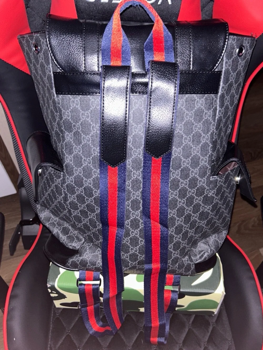 Gucci Gray GG Supreme Canvas Backpack with Red and Blue Web Straps